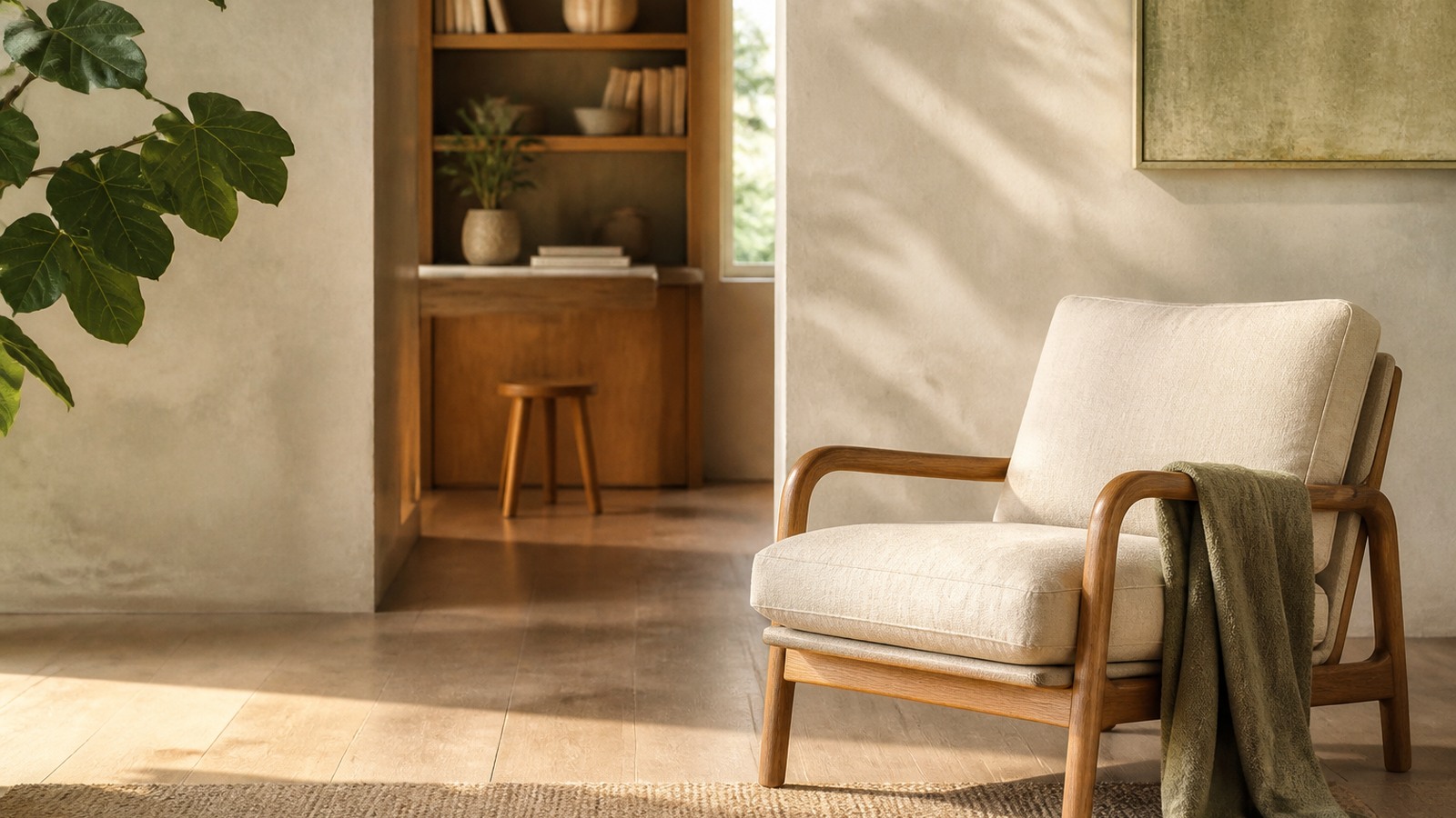 Cadeira num ambiente calmo com luz natural e plantas.