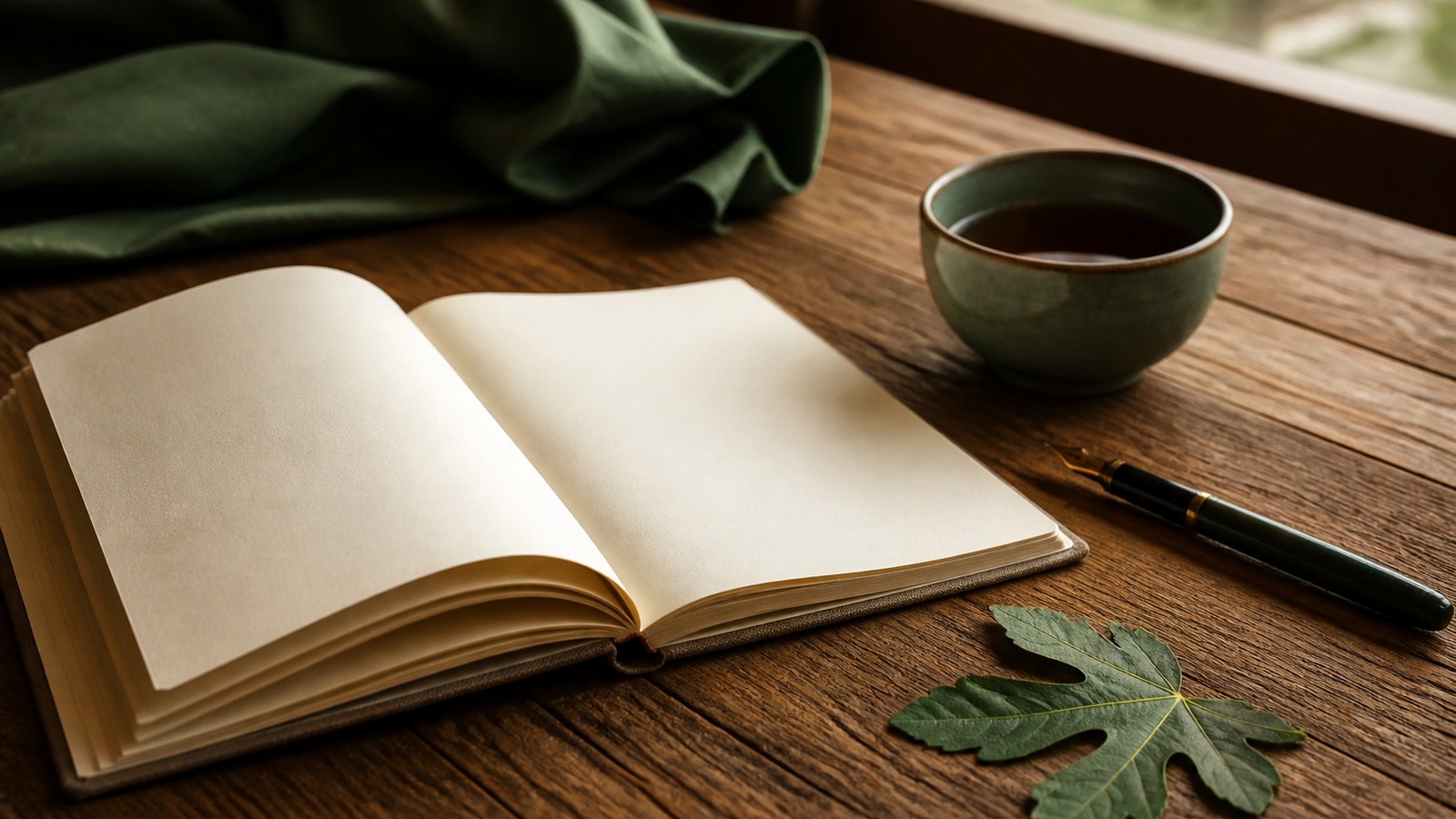 Caderno aberto, chá e ambiente tranquilo para escrita reflexiva.