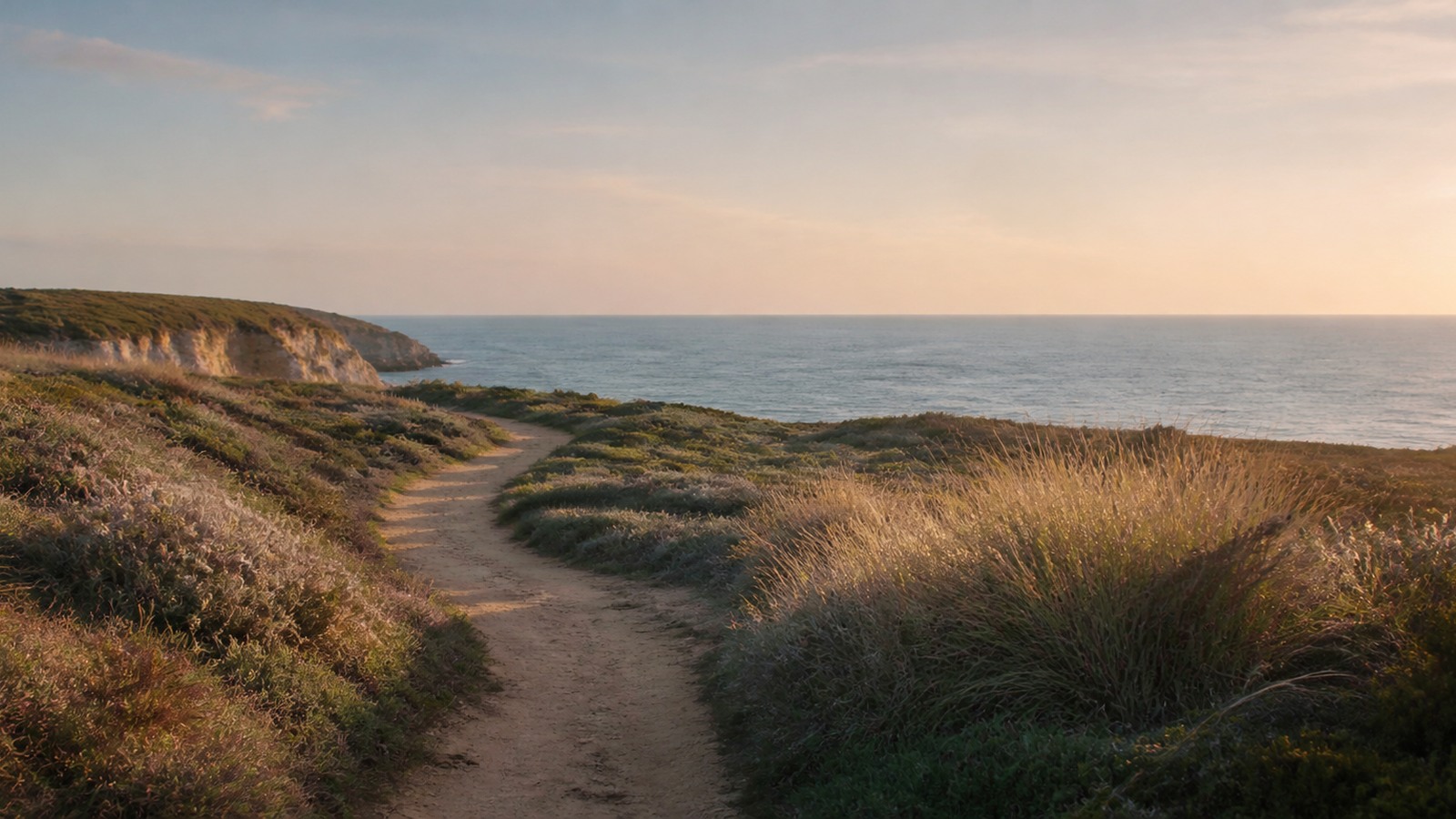 Caminho junto ao mar em paisagem tranquila de Portugal.