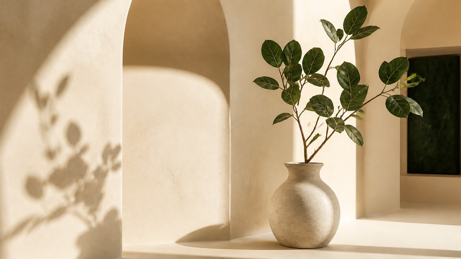 Planta em vaso num espaço de luz suave e arquitetura acolhedora.